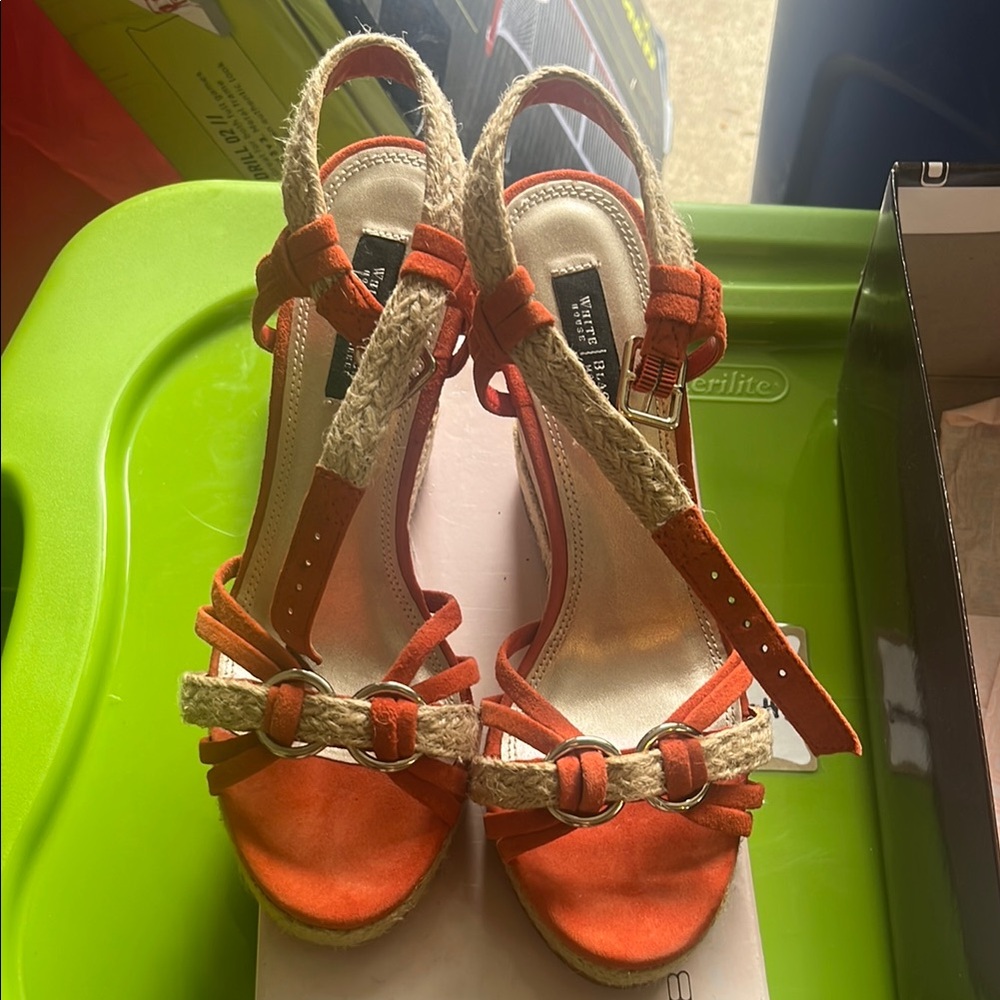 White House Black Market Orange and Tan Wedges